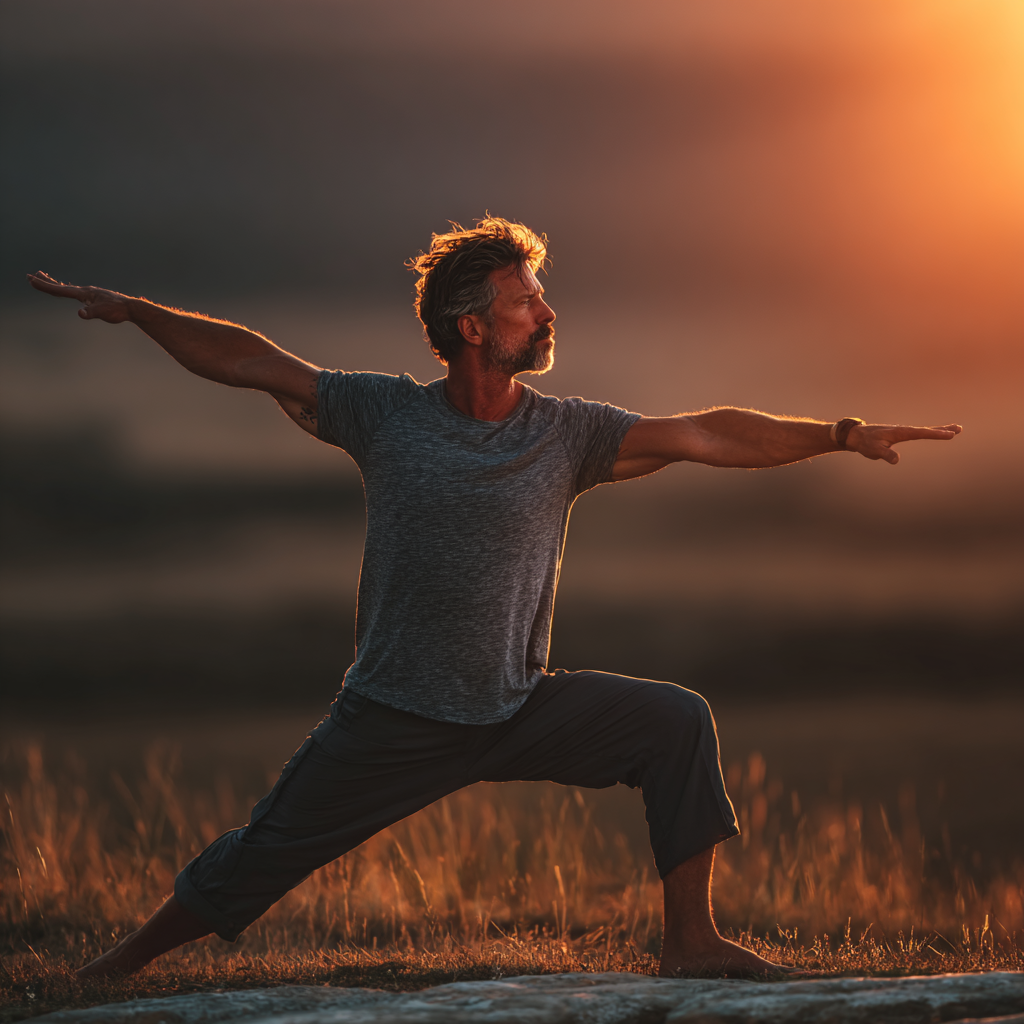 Middle-aged man in his 40s practicing warrior pose outdoors during sunset, demonstrating strength and balance in yoga practice