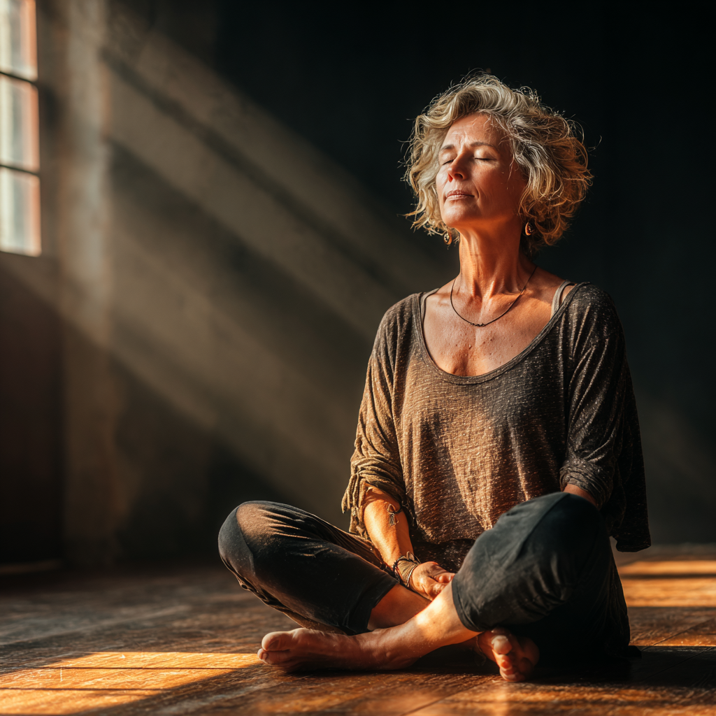 Peaceful woman in her 50s sitting in lotus position during meditation, surrounded by natural light in a serene yoga studio
