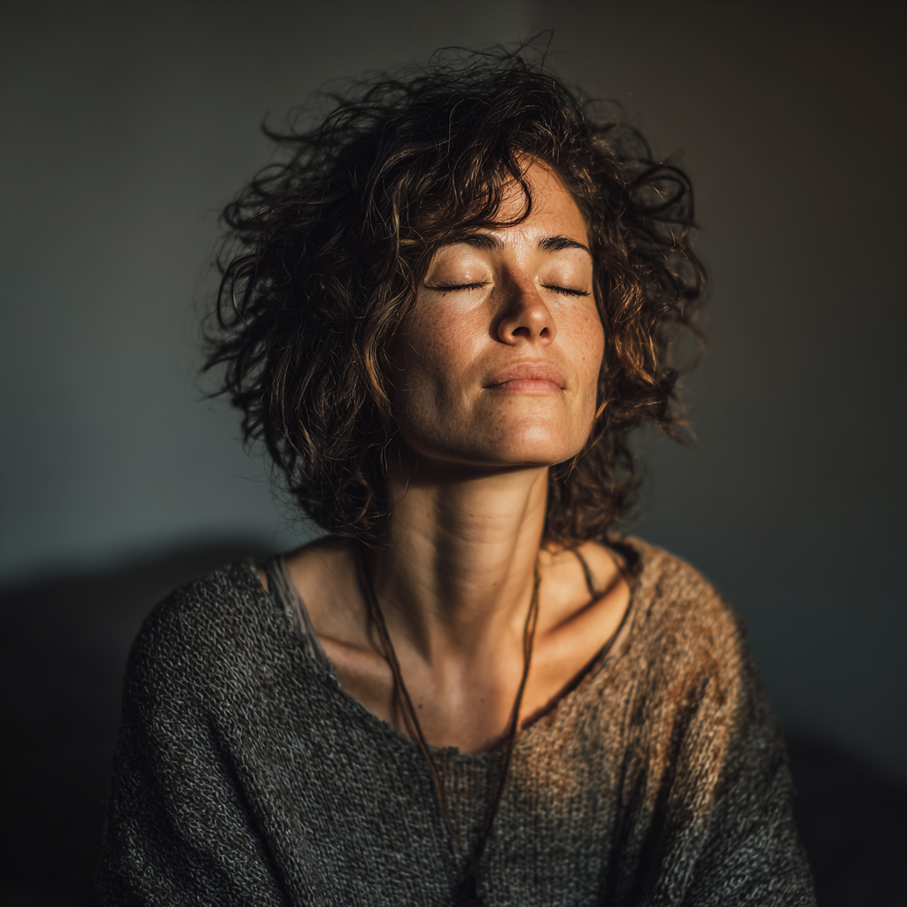 Serene woman in her late 40s meditating in lotus position with eyes closed, surrounded by soft natural lighting, embodying inner peace and mindfulness